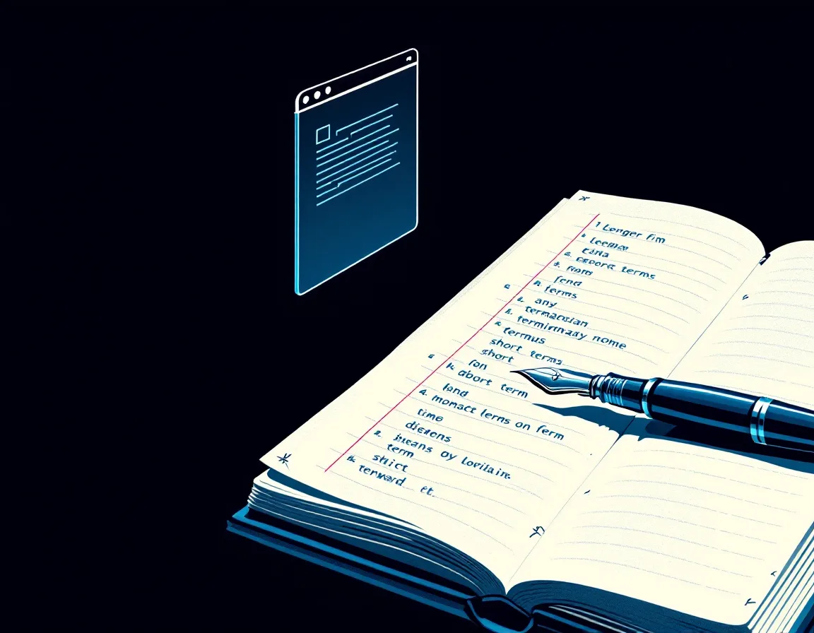 Illustration of an open terminology ledger with a pen nib resting across its columns
